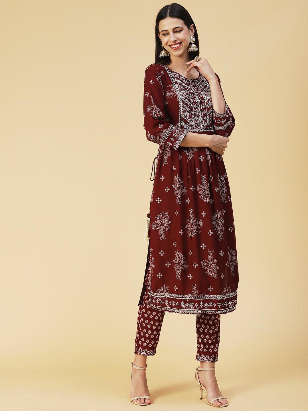 Floral Printed Embroidered Kurta With Pants - Maroon - Indiakreations