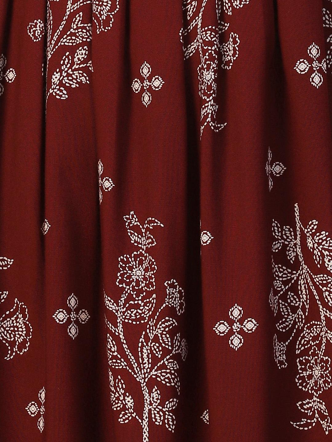 Floral Printed Embroidered Kurta With Pants - Maroon - Indiakreations