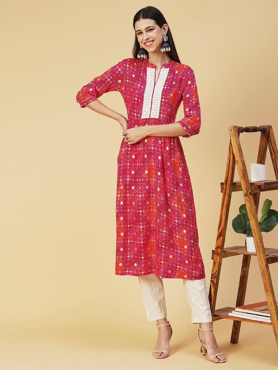 Abstract Printed Resham Embroidered Kurta With Striped Pants - Fuchsia - Indiakreations