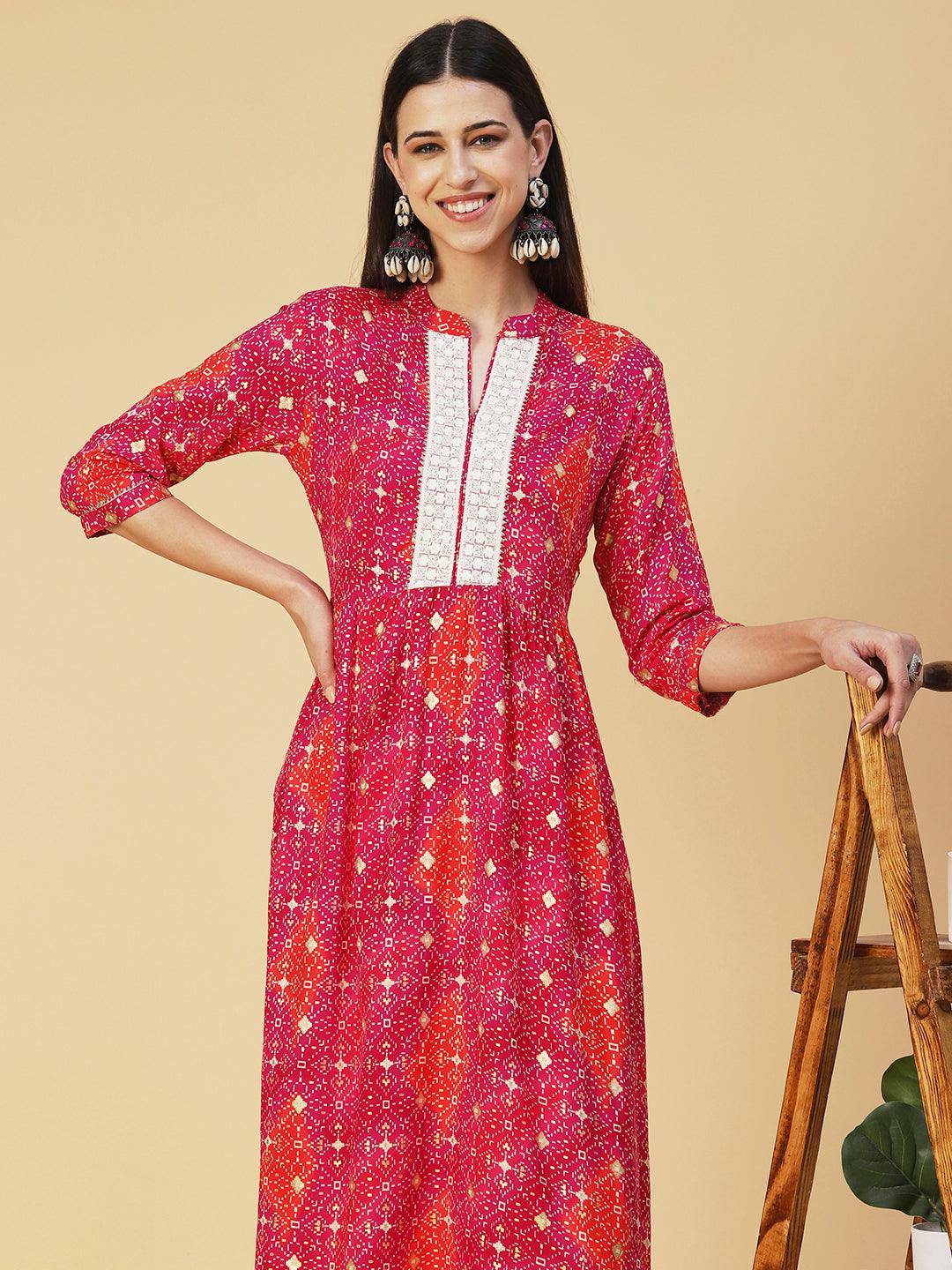 Abstract Printed Resham Embroidered Kurta With Striped Pants - Fuchsia - Indiakreations