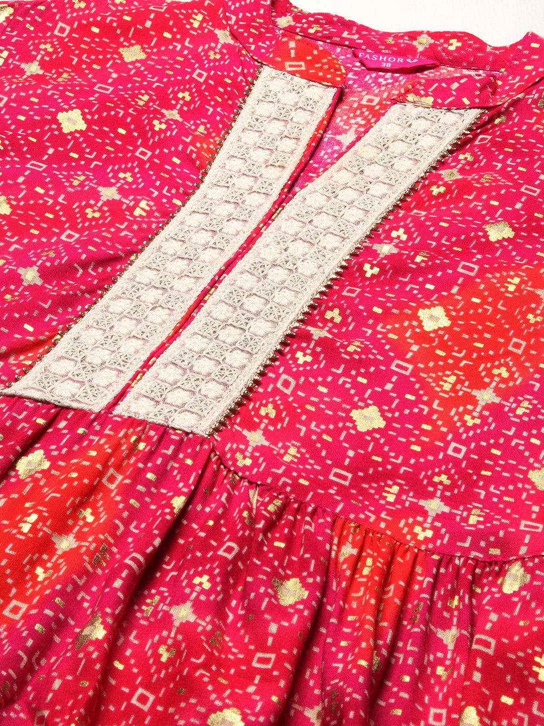 Abstract Printed Resham Embroidered Kurta With Striped Pants - Fuchsia - Indiakreations