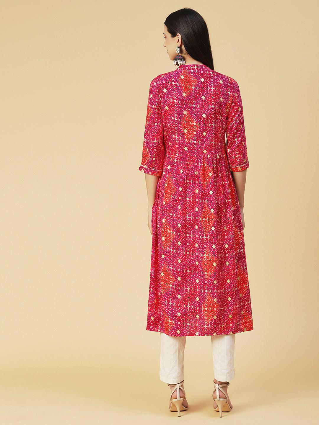 Abstract Printed Resham Embroidered Kurta With Striped Pants - Fuchsia - Indiakreations