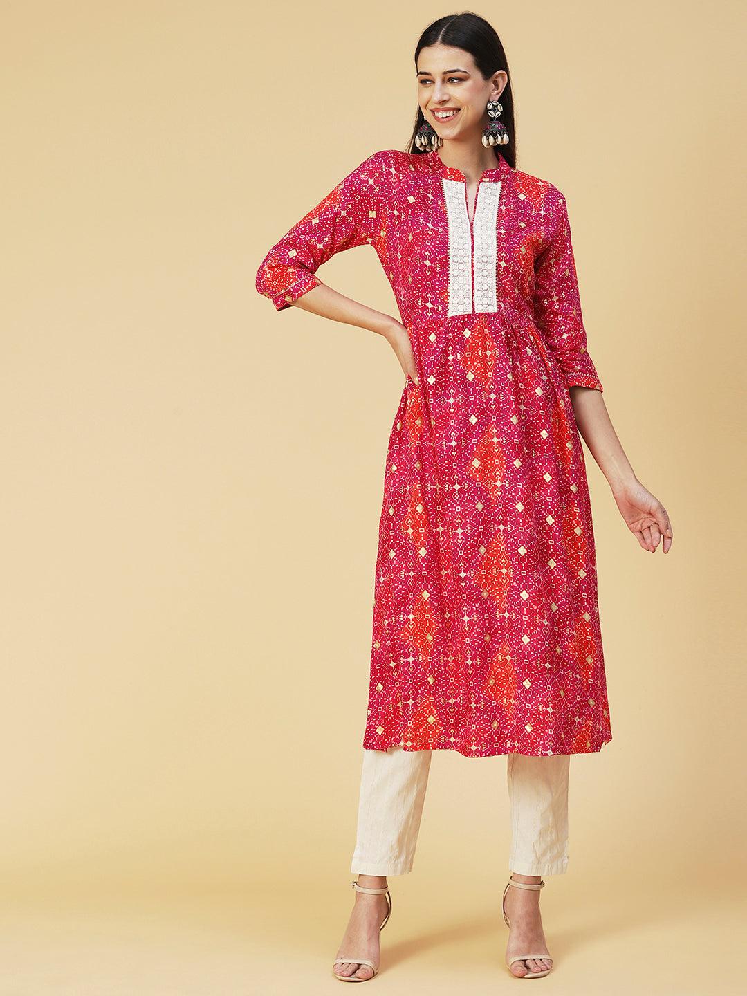 Abstract Printed Resham Embroidered Kurta With Striped Pants - Fuchsia - Indiakreations