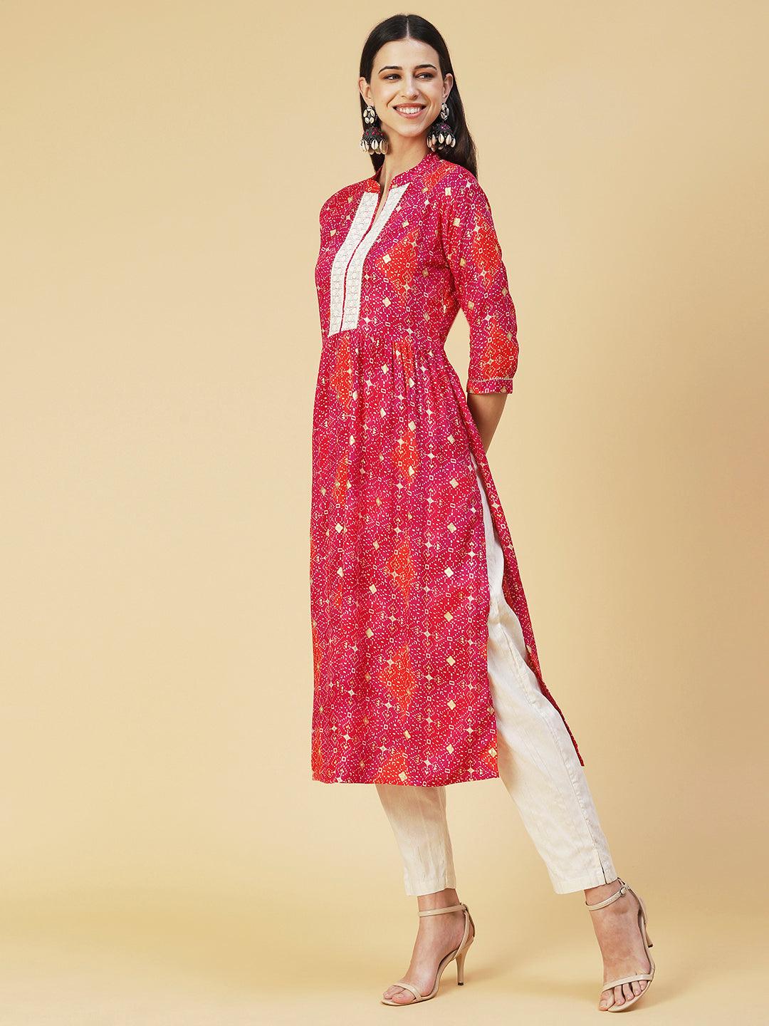 Abstract Printed Resham Embroidered Kurta With Striped Pants - Fuchsia - Indiakreations