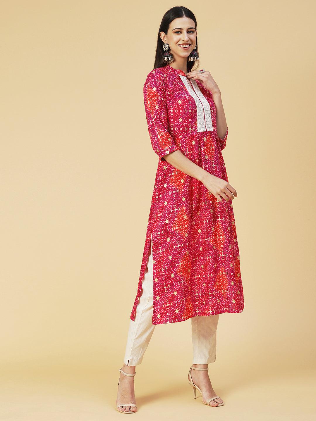 Abstract Printed Resham Embroidered Kurta With Striped Pants - Fuchsia - Indiakreations