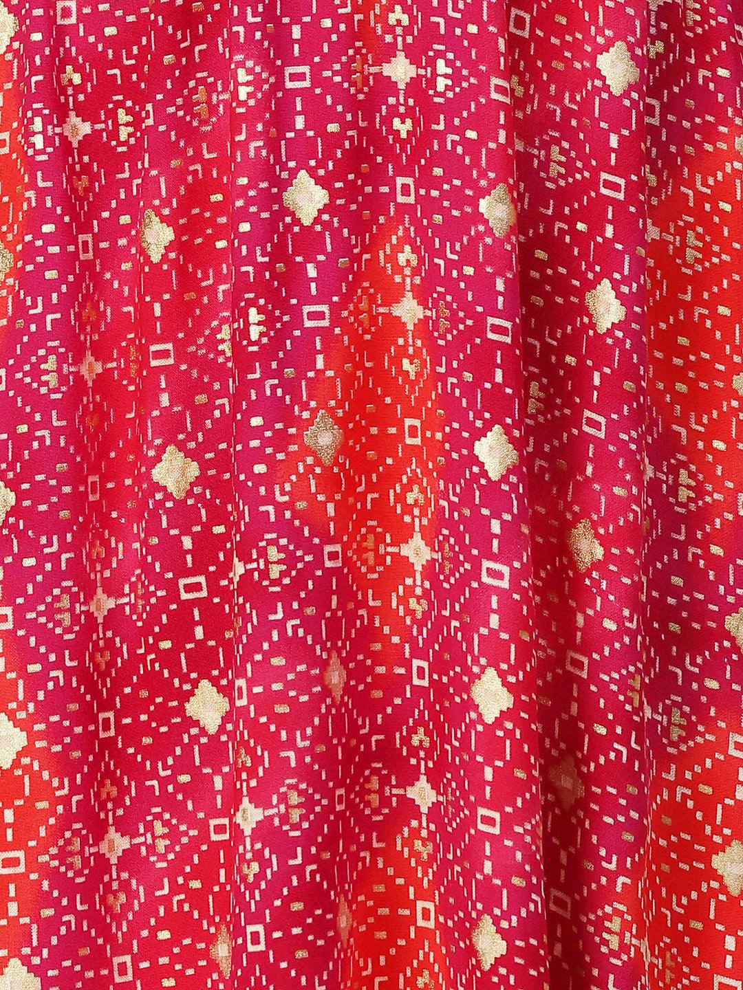 Abstract Printed Resham Embroidered Kurta With Striped Pants - Fuchsia - Indiakreations