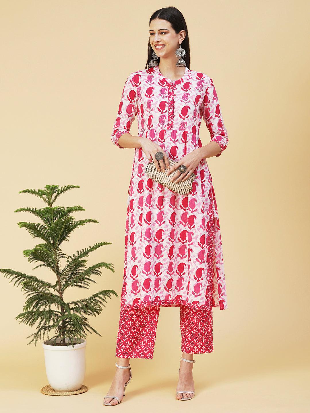 Paisley Print Mirror Embroidered Kurta With Bottom - Fuchsia - Indiakreations