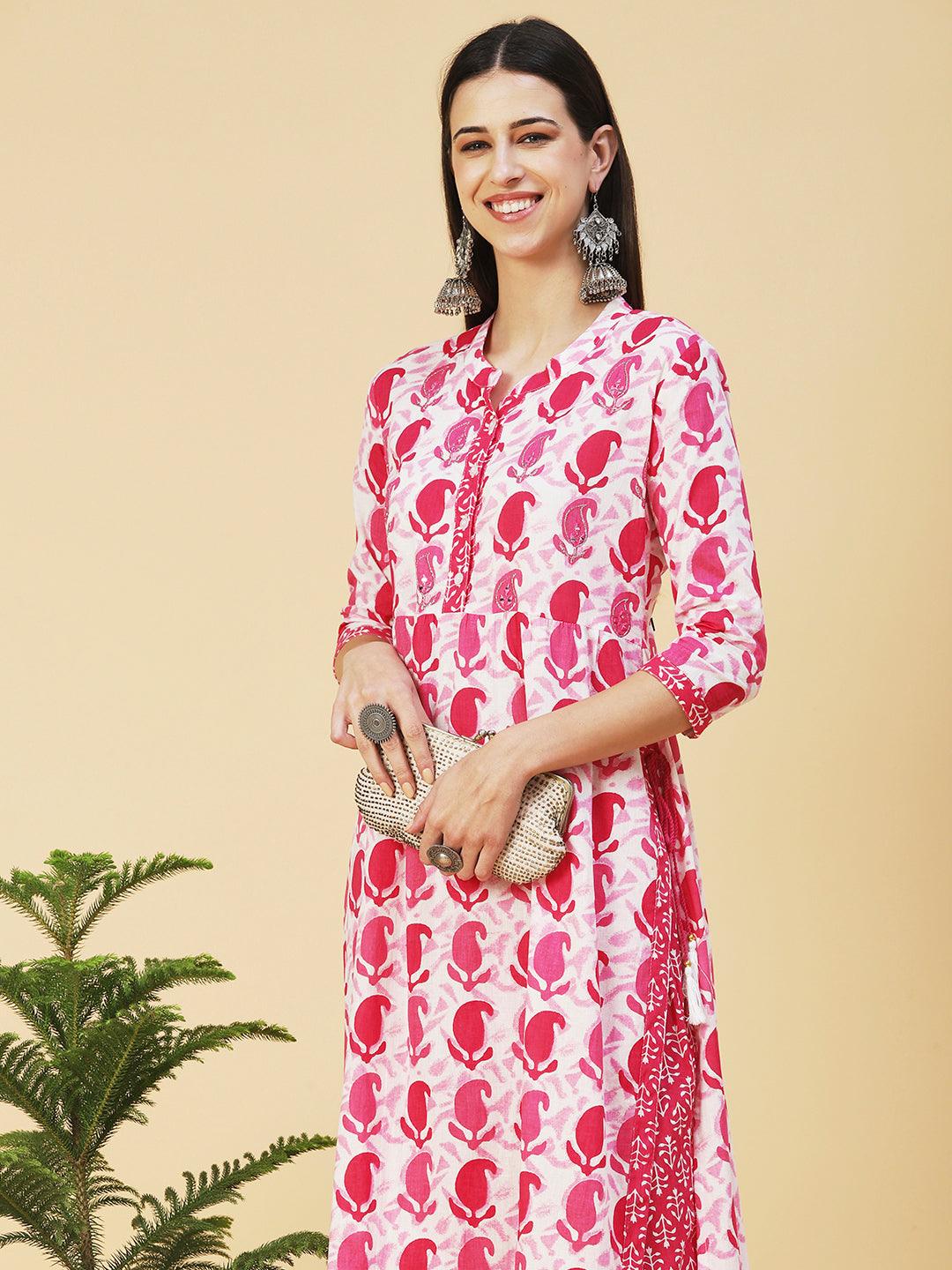 Paisley Print Mirror Embroidered Kurta With Bottom - Fuchsia - Indiakreations