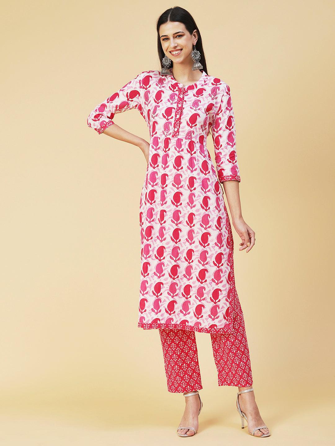 Paisley Print Mirror Embroidered Kurta With Bottom - Fuchsia - Indiakreations