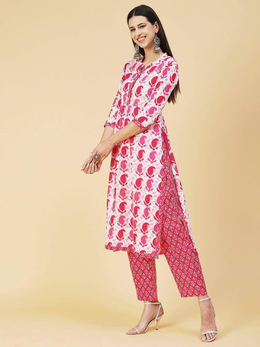 Paisley Print Mirror Embroidered Kurta With Bottom - Fuchsia - Indiakreations