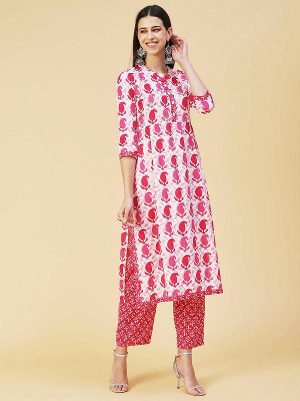 Paisley Print Mirror Embroidered Kurta With Bottom - Fuchsia - Indiakreations