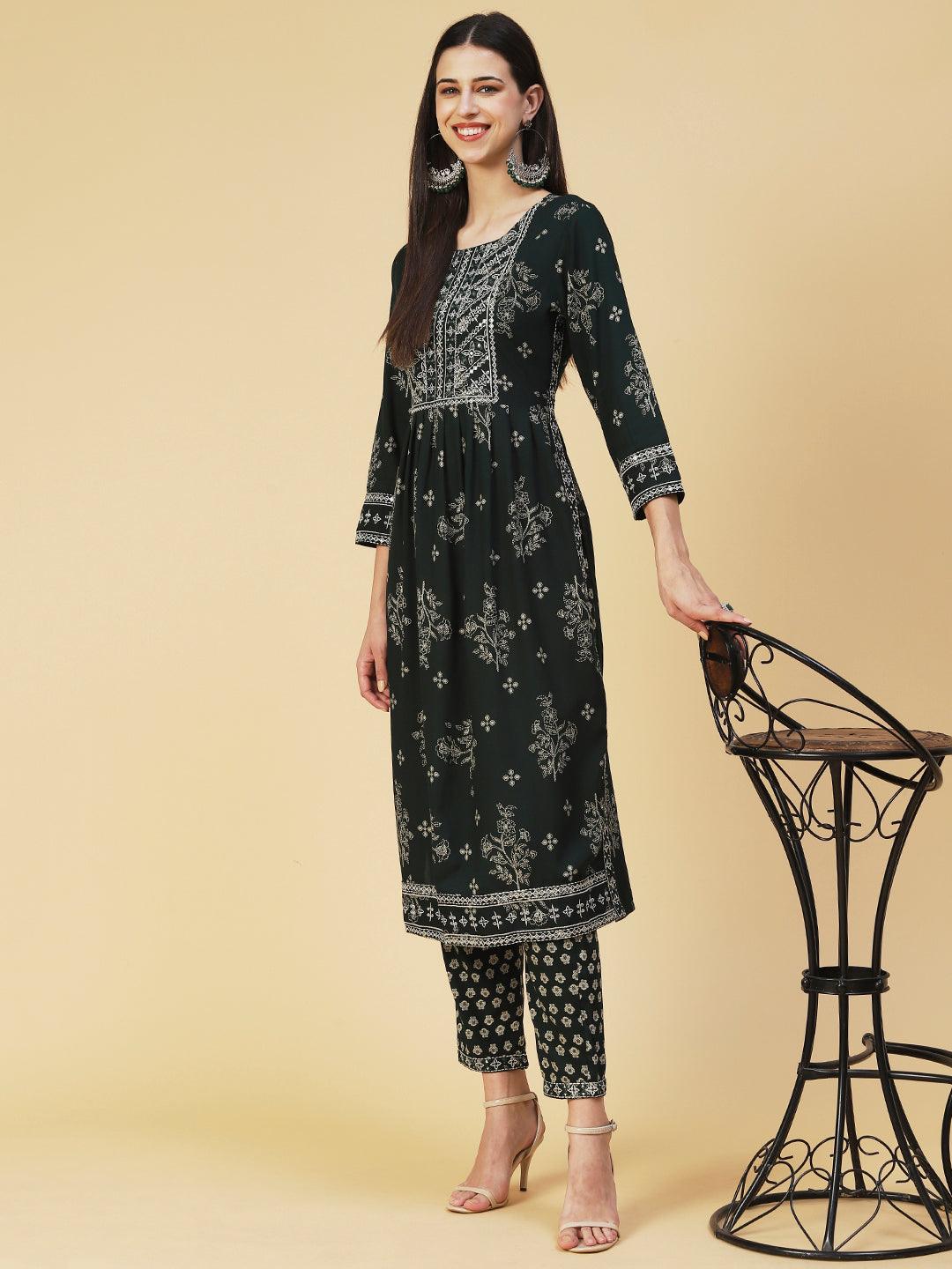 Floral Printed Embroidered Kurta With Pants - Green - Indiakreations