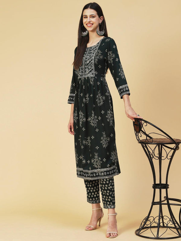 Floral Printed Embroidered Kurta With Pants - Green - Indiakreations