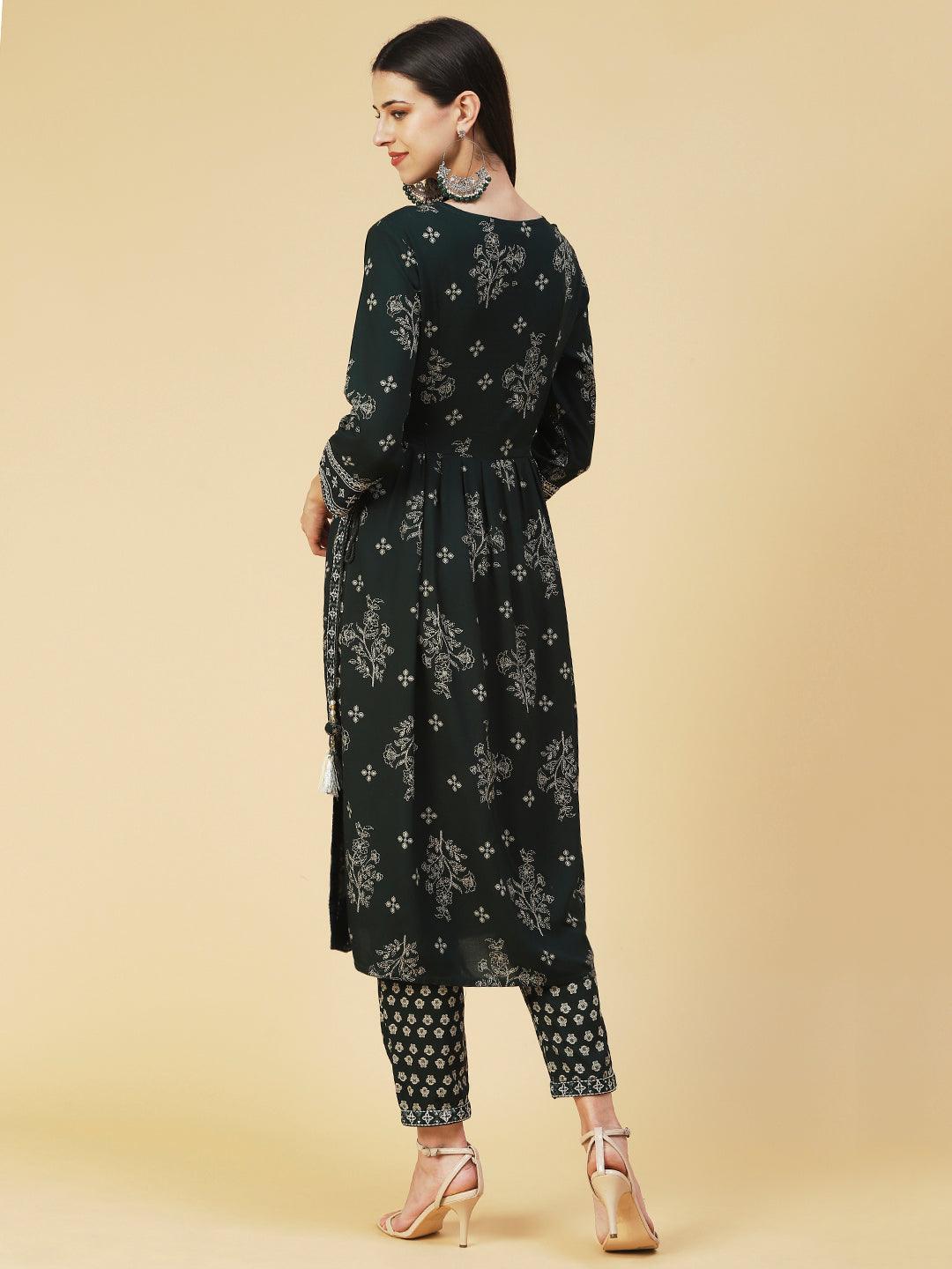 Floral Printed Embroidered Kurta With Pants - Green - Indiakreations