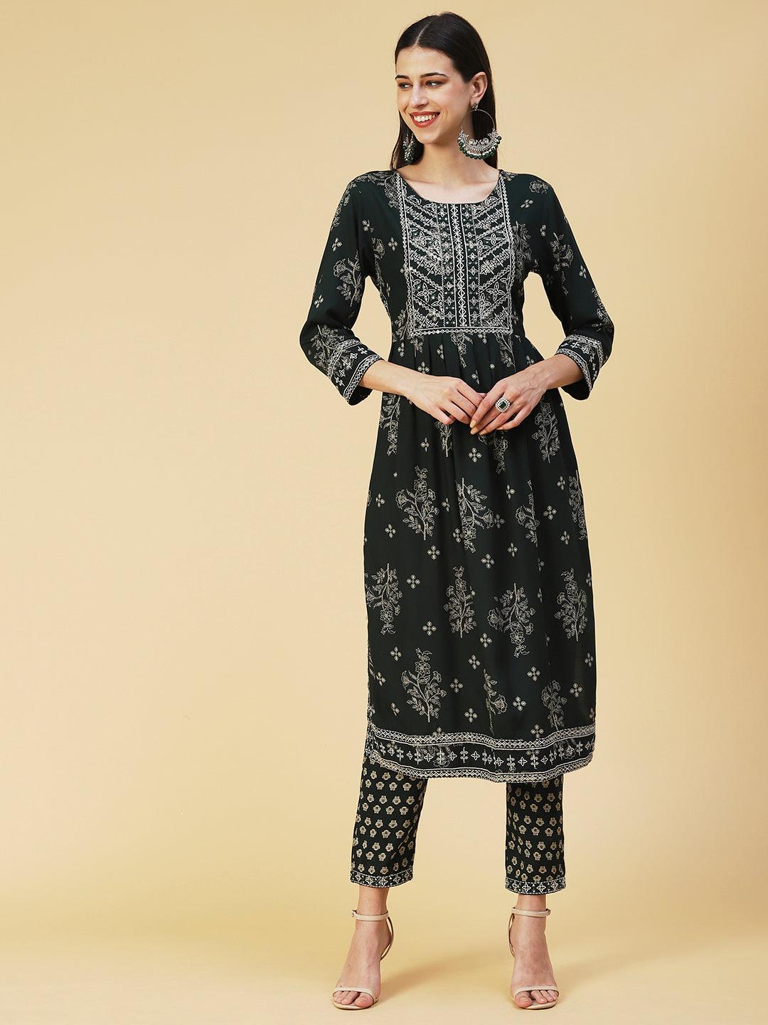 Floral Printed Embroidered Kurta With Pants - Green - Indiakreations