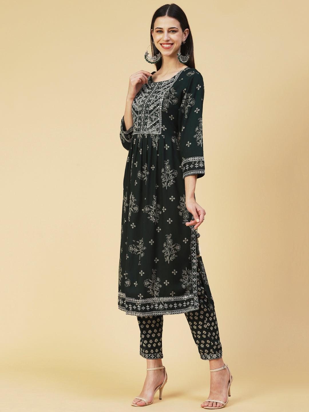 Floral Printed Embroidered Kurta With Pants - Green - Indiakreations