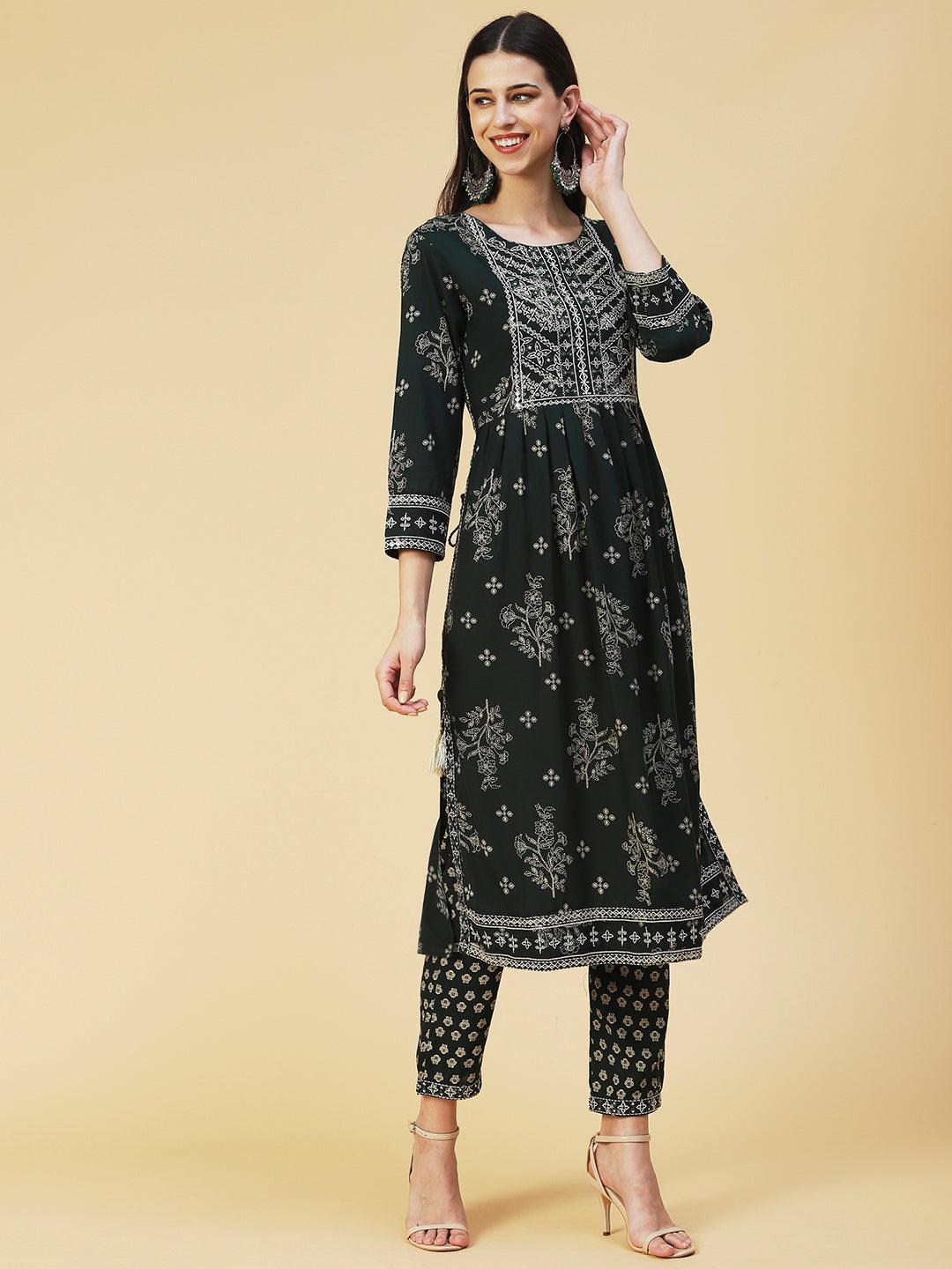 Floral Printed Embroidered Kurta With Pants - Green - Indiakreations