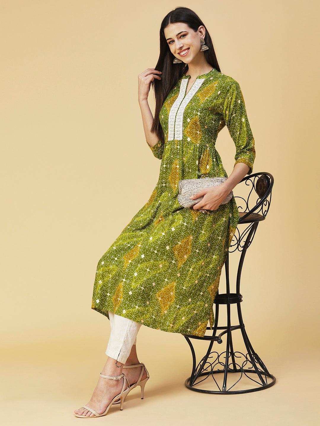 Abstract Printed Resham Embroidered Kurta With Striped Pants - Green - Indiakreations