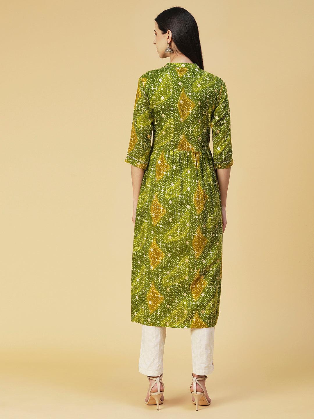 Abstract Printed Resham Embroidered Kurta With Striped Pants - Green - Indiakreations