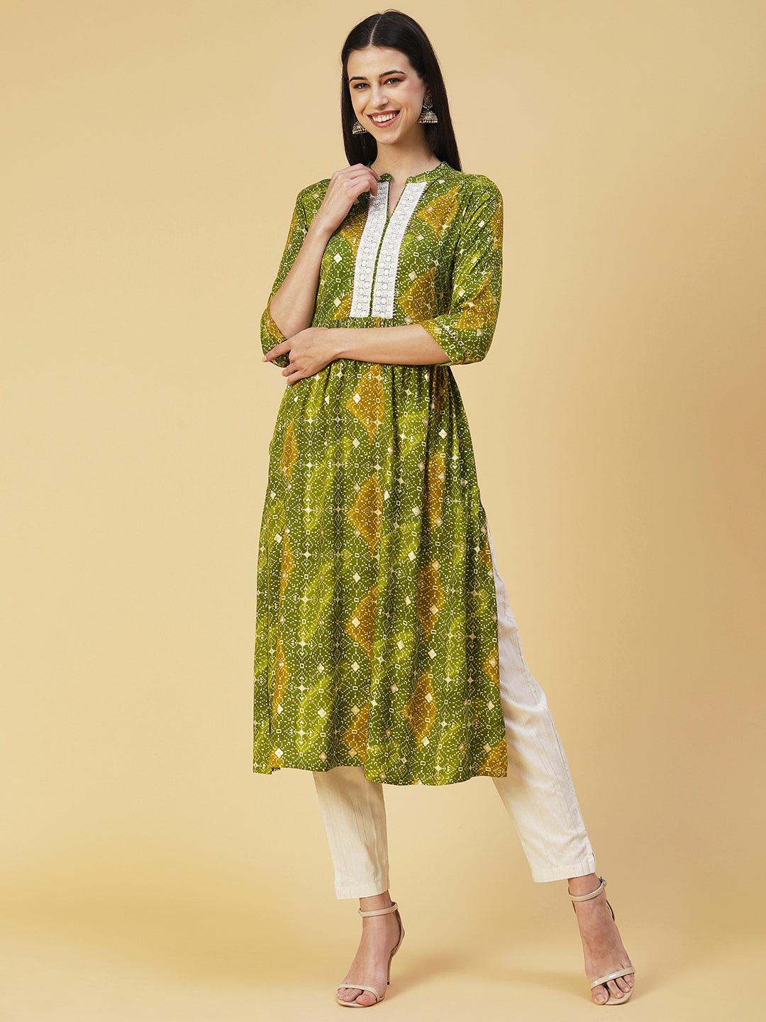 Abstract Printed Resham Embroidered Kurta With Striped Pants - Green - Indiakreations