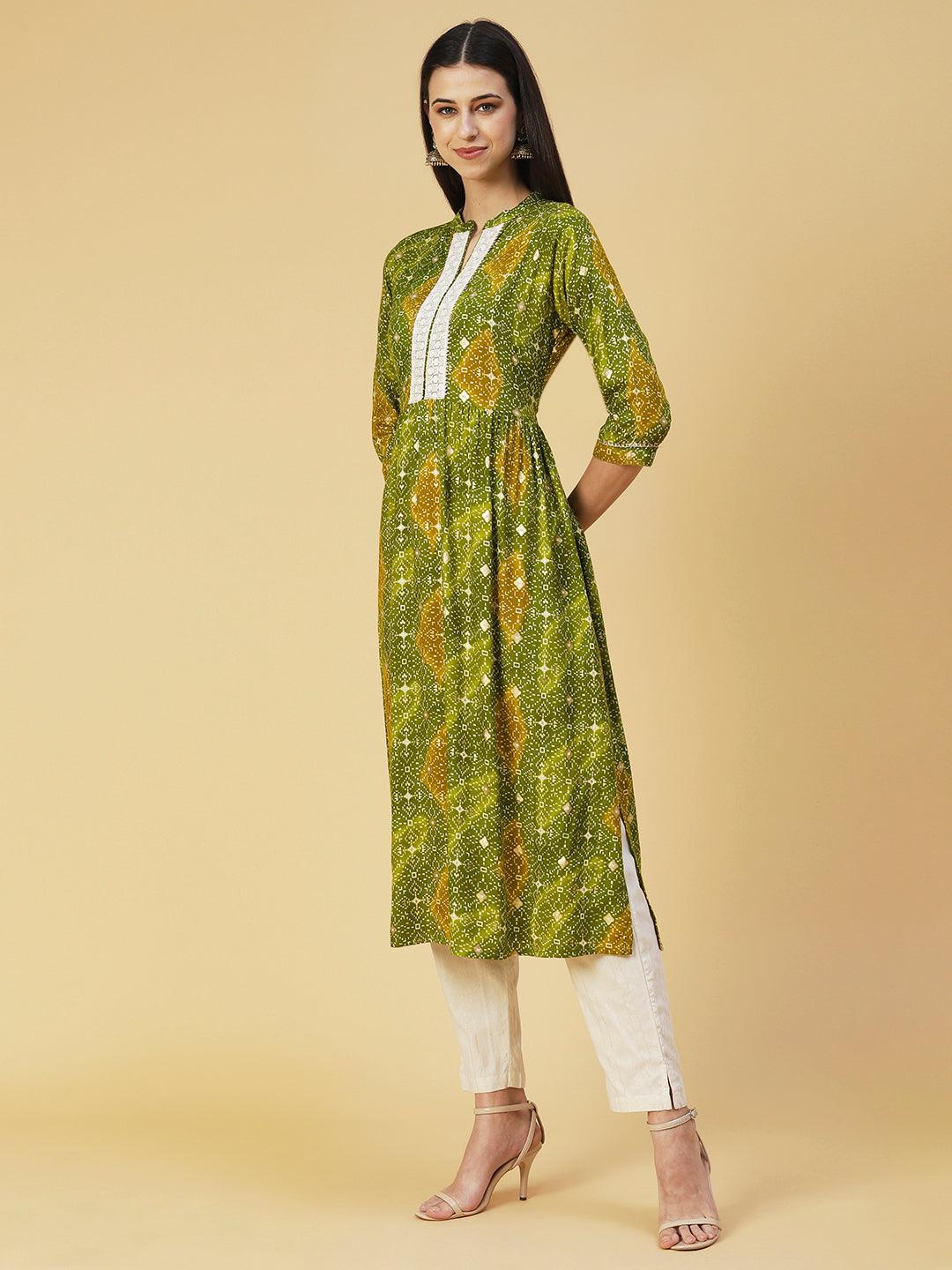 Abstract Printed Resham Embroidered Kurta With Striped Pants - Green - Indiakreations