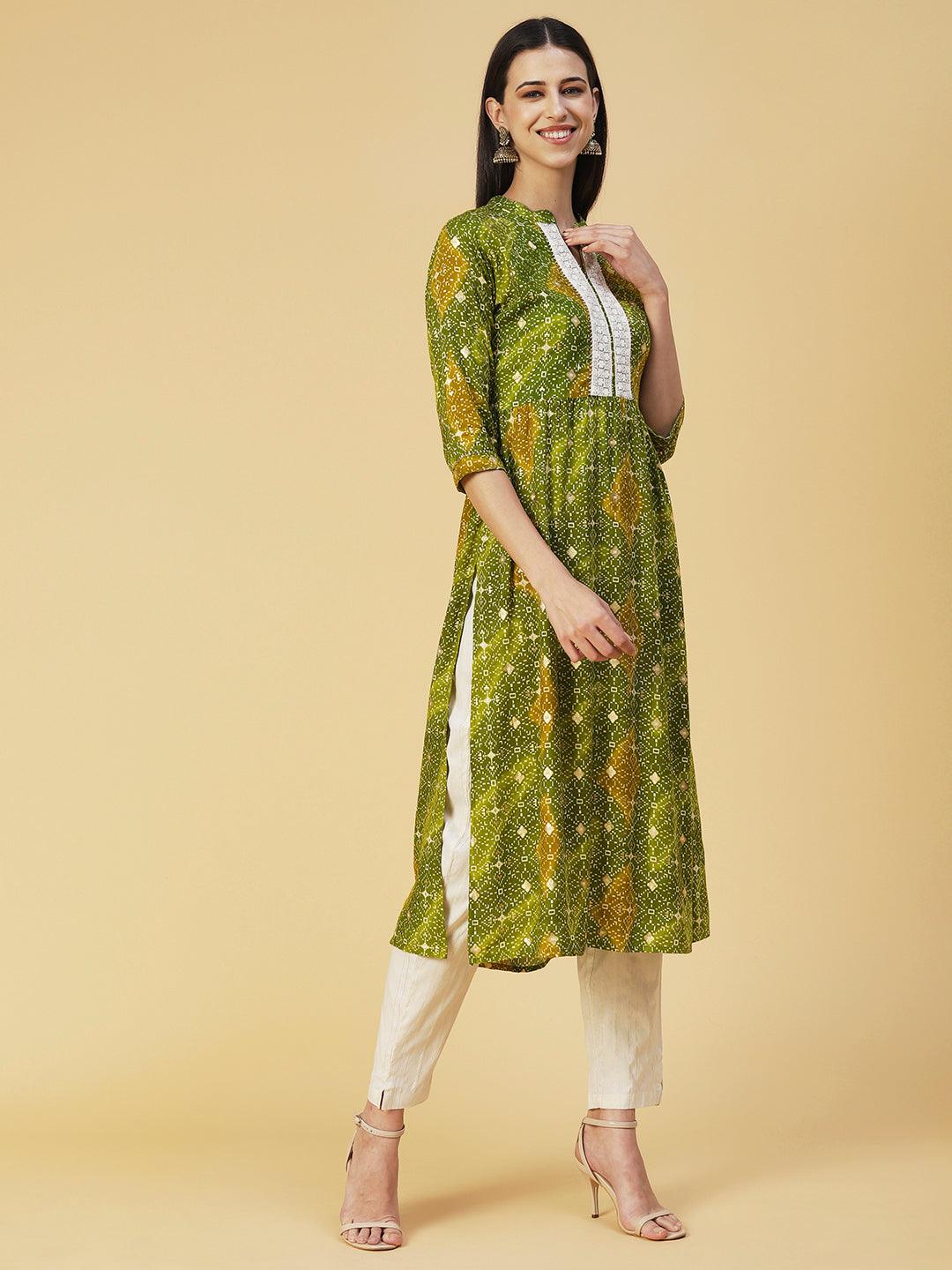 Abstract Printed Resham Embroidered Kurta With Striped Pants - Green - Indiakreations