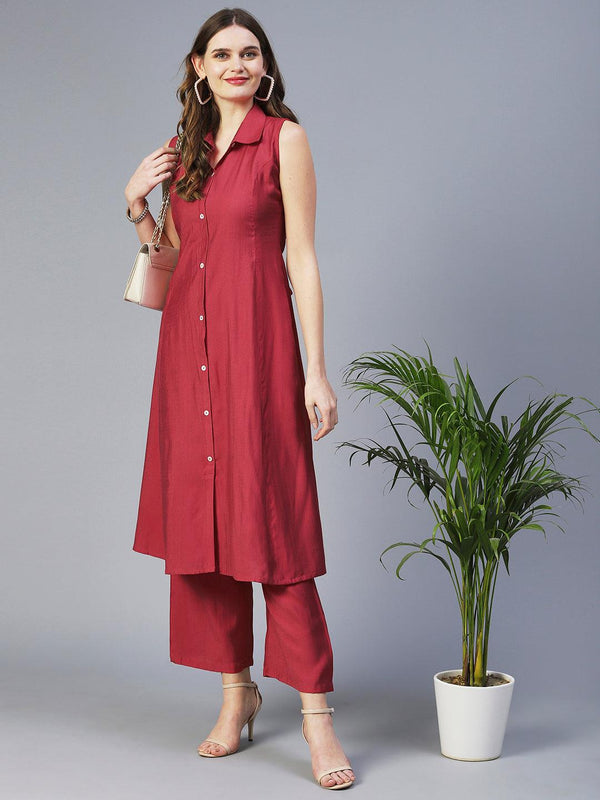 Solid Mother-of-Pearl Buttoned A-line Kurta With Pants - Red - Indiakreations