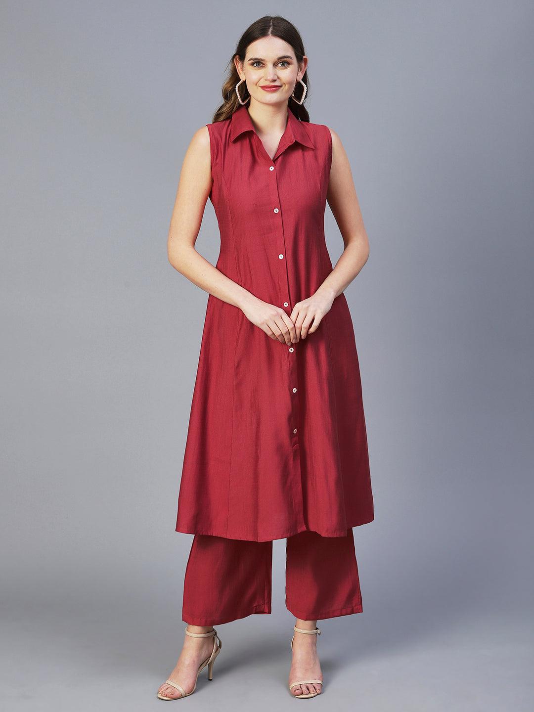 Solid Mother-of-Pearl Buttoned A-line Kurta With Pants - Red - Indiakreations