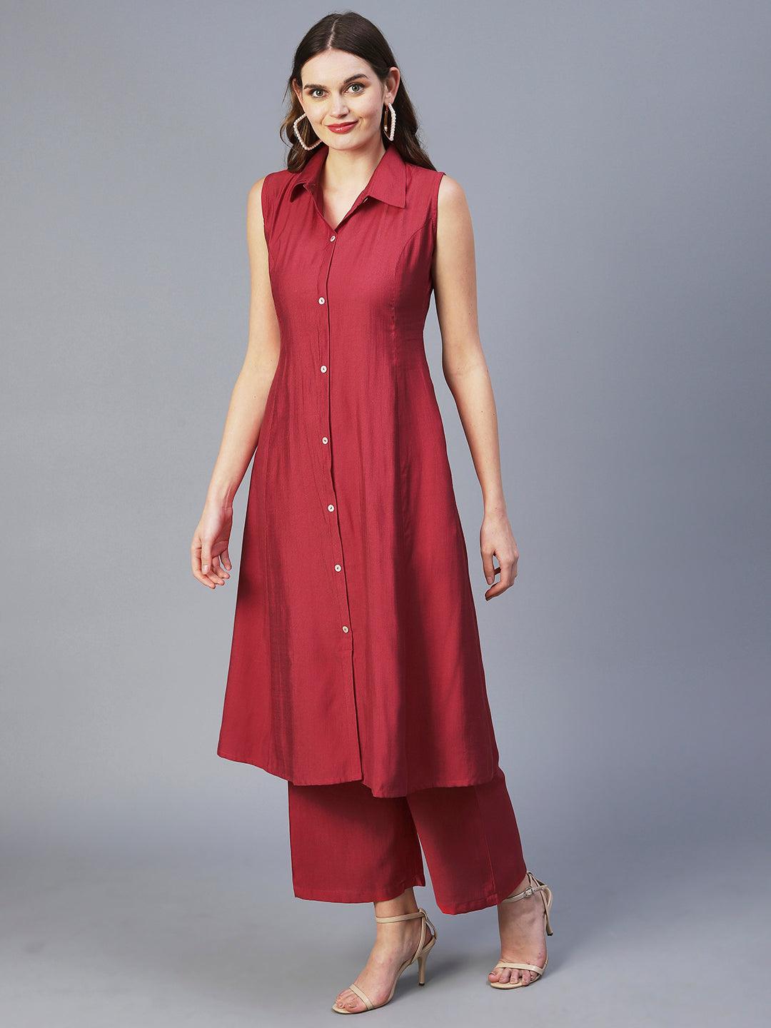 Solid Mother-of-Pearl Buttoned A-line Kurta With Pants - Red - Indiakreations