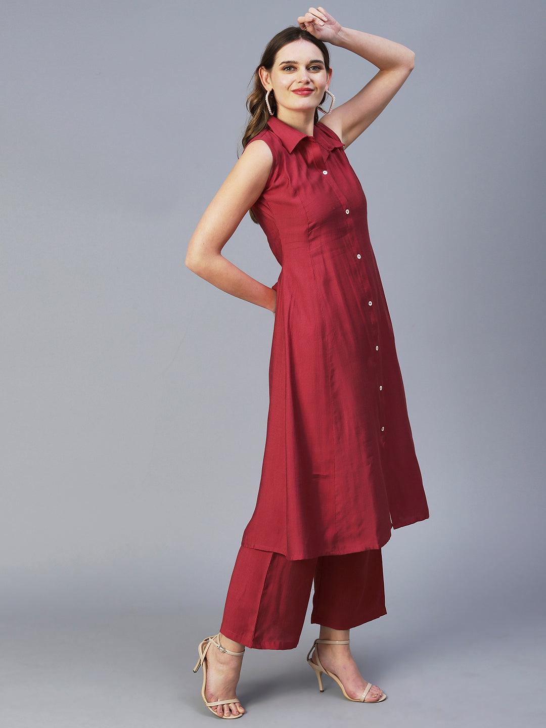 Solid Mother-of-Pearl Buttoned A-line Kurta With Pants - Red - Indiakreations