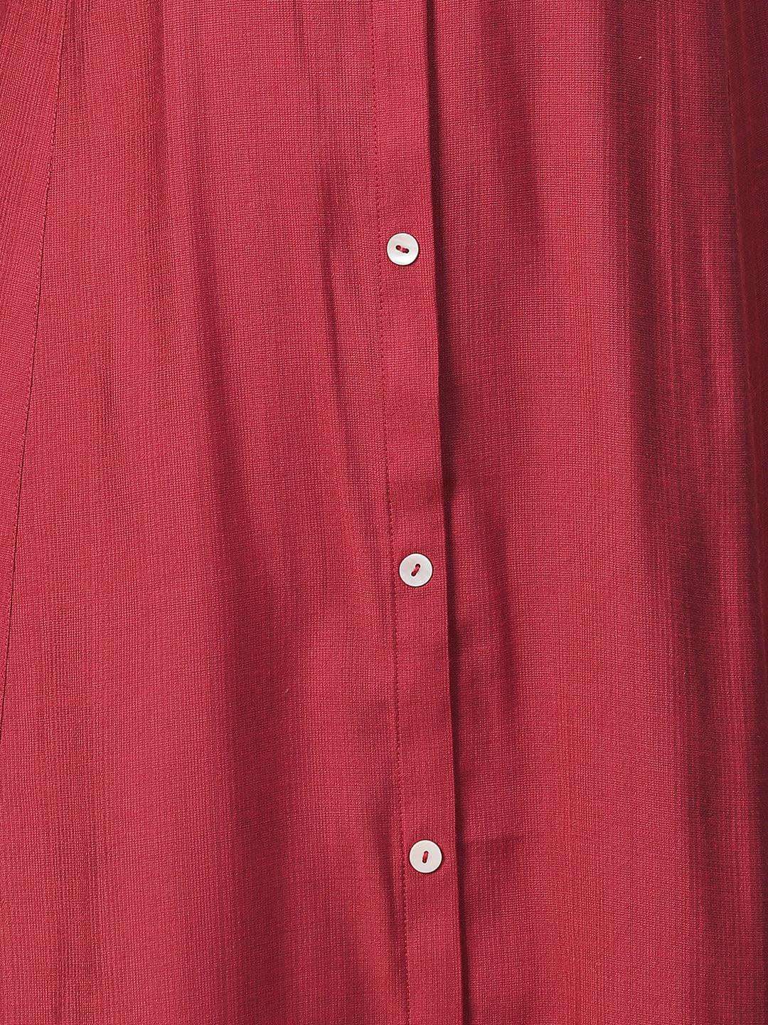 Solid Mother-of-Pearl Buttoned A-line Kurta With Pants - Red - Indiakreations