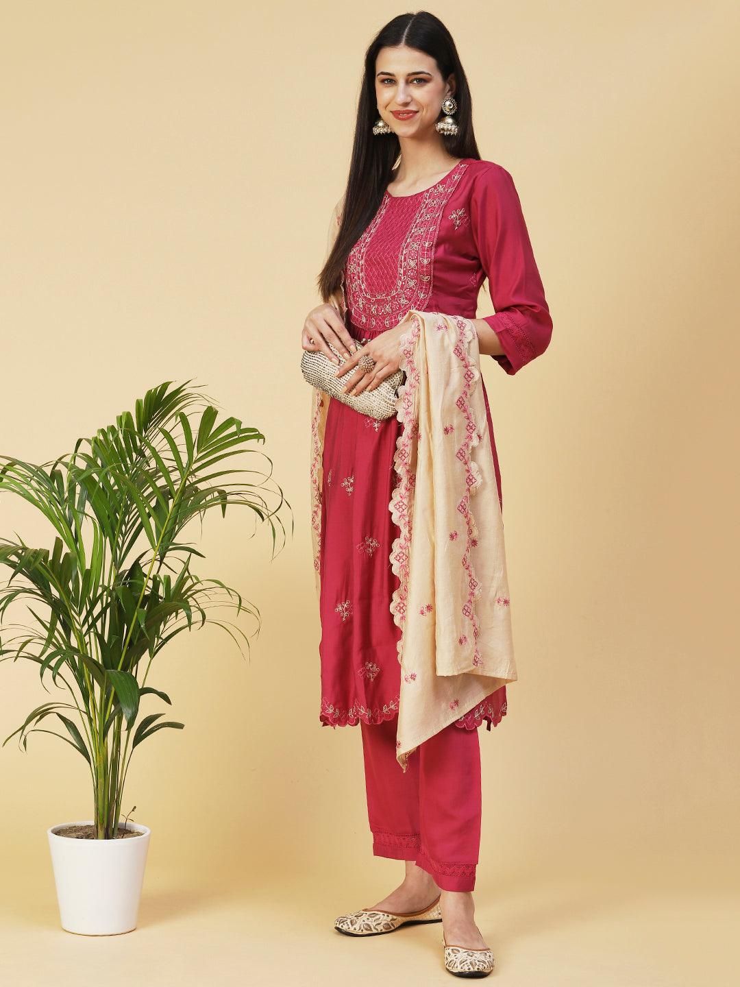 Solid Resham Embroidered Kurta With Pants & Embroidered Dupatta - Rust - Indiakreations