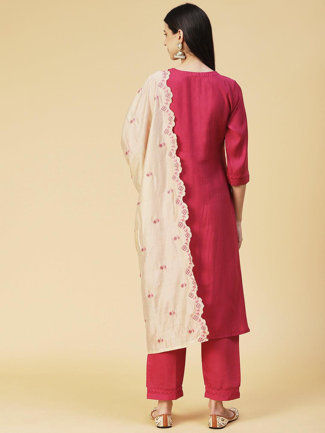 Solid Resham Embroidered Kurta With Pants & Embroidered Dupatta - Rust - Indiakreations