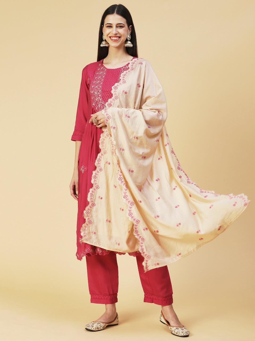 Solid Resham Embroidered Kurta With Pants & Embroidered Dupatta - Rust - Indiakreations