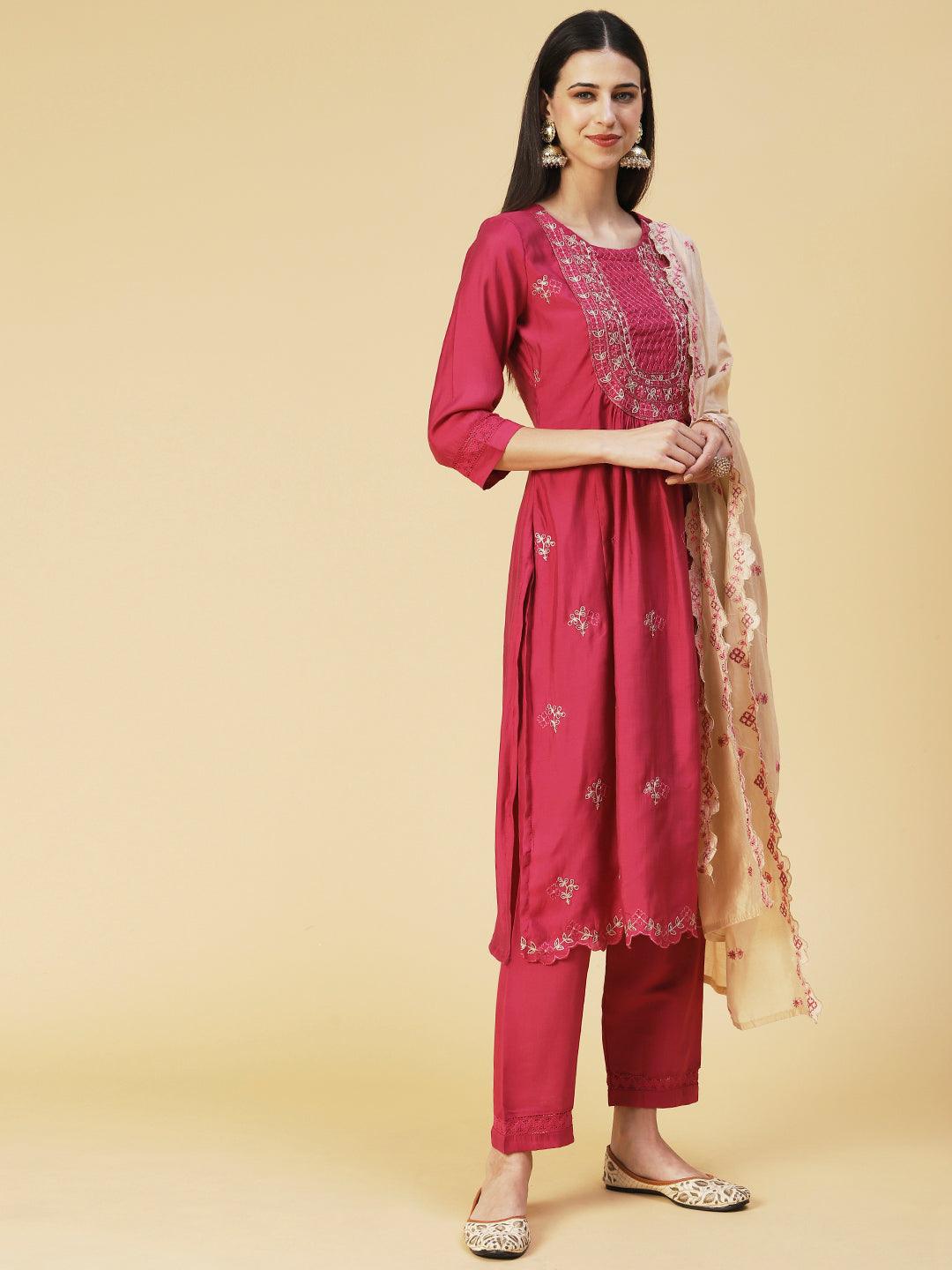 Solid Resham Embroidered Kurta With Pants & Embroidered Dupatta - Rust - Indiakreations