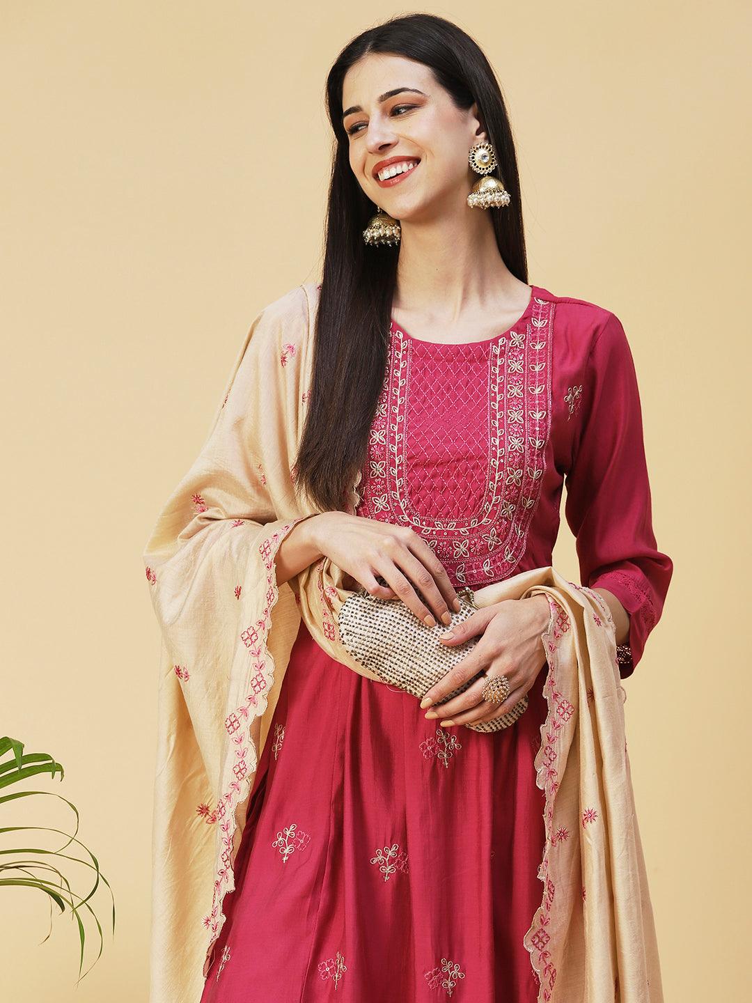 Solid Resham Embroidered Kurta With Pants & Embroidered Dupatta - Rust - Indiakreations