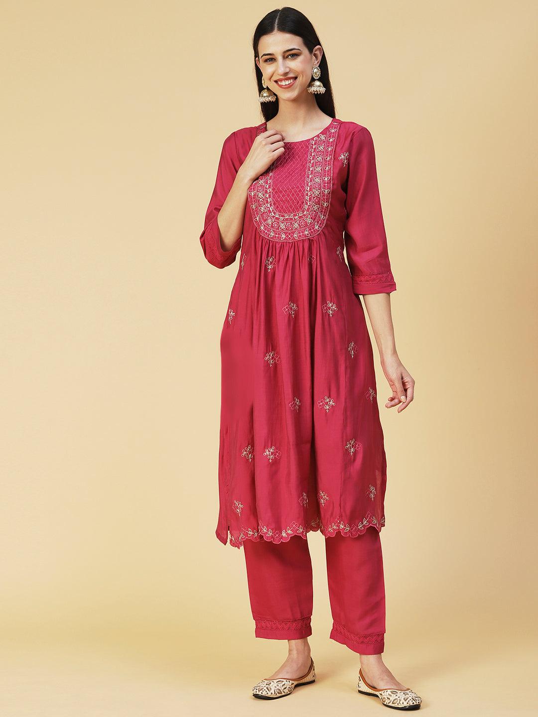 Solid Resham Embroidered Kurta With Pants & Embroidered Dupatta - Rust - Indiakreations