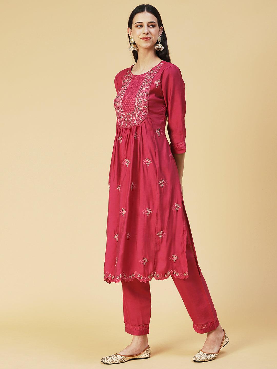 Solid Resham Embroidered Kurta With Pants & Embroidered Dupatta - Rust - Indiakreations