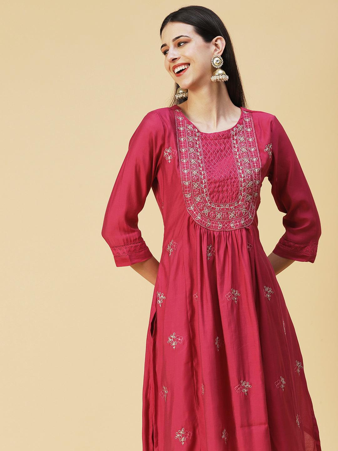 Solid Resham Embroidered Kurta With Pants & Embroidered Dupatta - Rust - Indiakreations