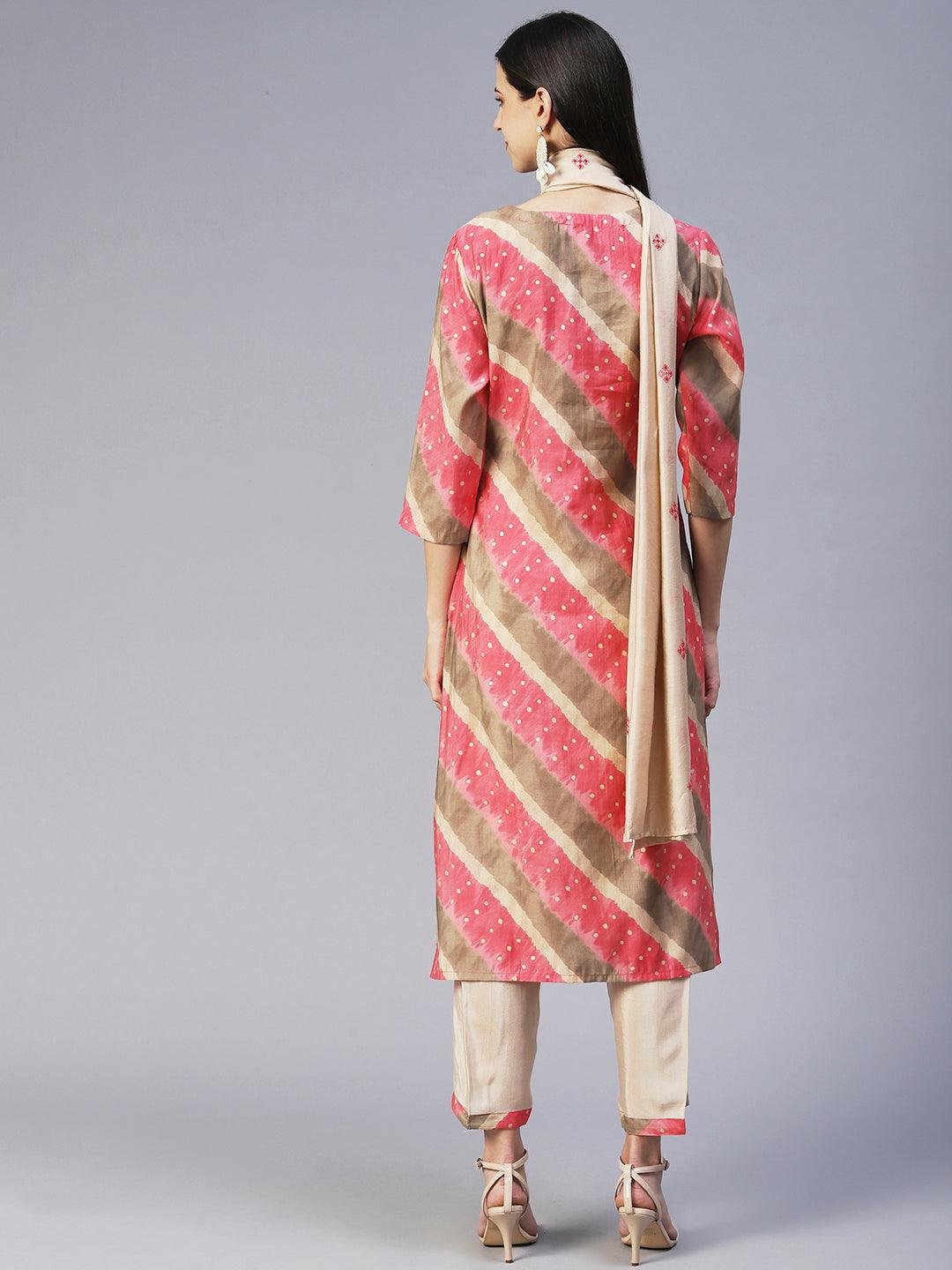 Lehriya Printed Embroidered Kurta With Pants & Dupatta - Pink - Indiakreations