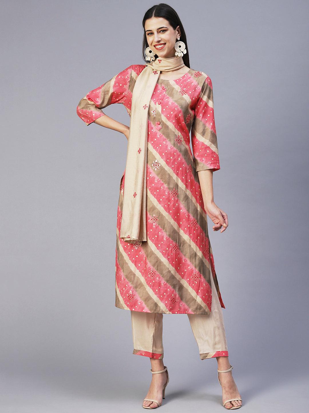 Lehriya Printed Embroidered Kurta With Pants & Dupatta - Pink - Indiakreations