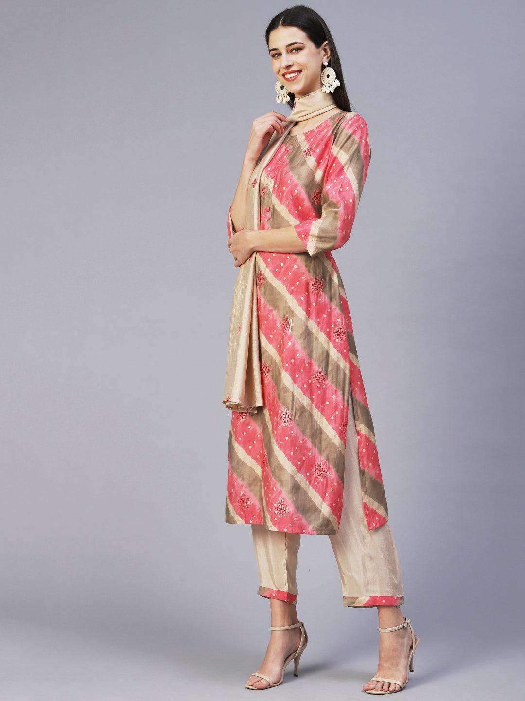 Lehriya Printed Embroidered Kurta With Pants & Dupatta - Pink - Indiakreations