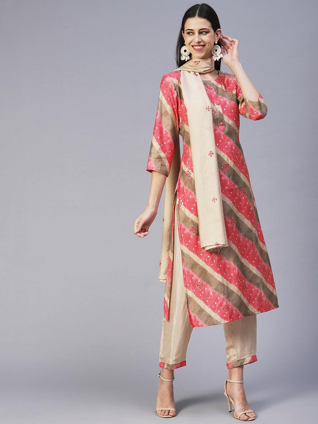 Lehriya Printed Embroidered Kurta With Pants & Dupatta - Pink - Indiakreations