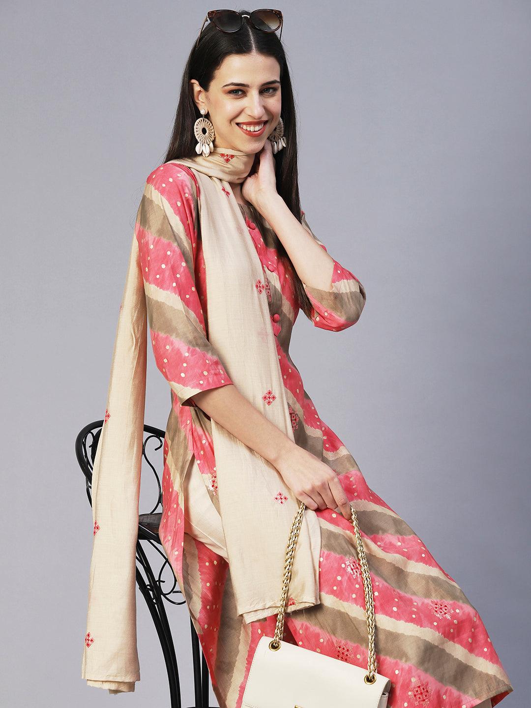 Lehriya Printed Embroidered Kurta With Pants & Dupatta - Pink - Indiakreations