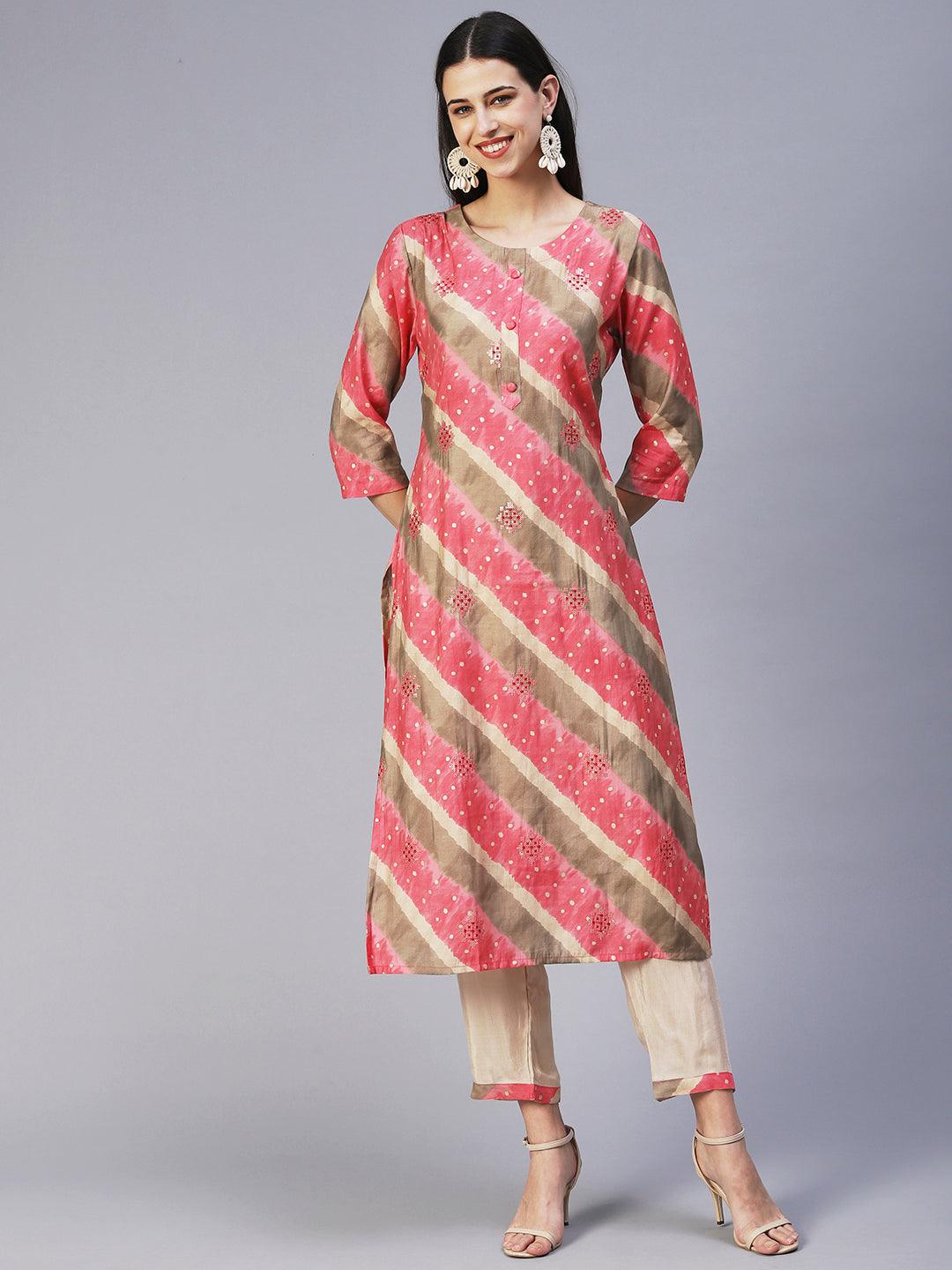 Lehriya Printed Embroidered Kurta With Pants & Dupatta - Pink - Indiakreations