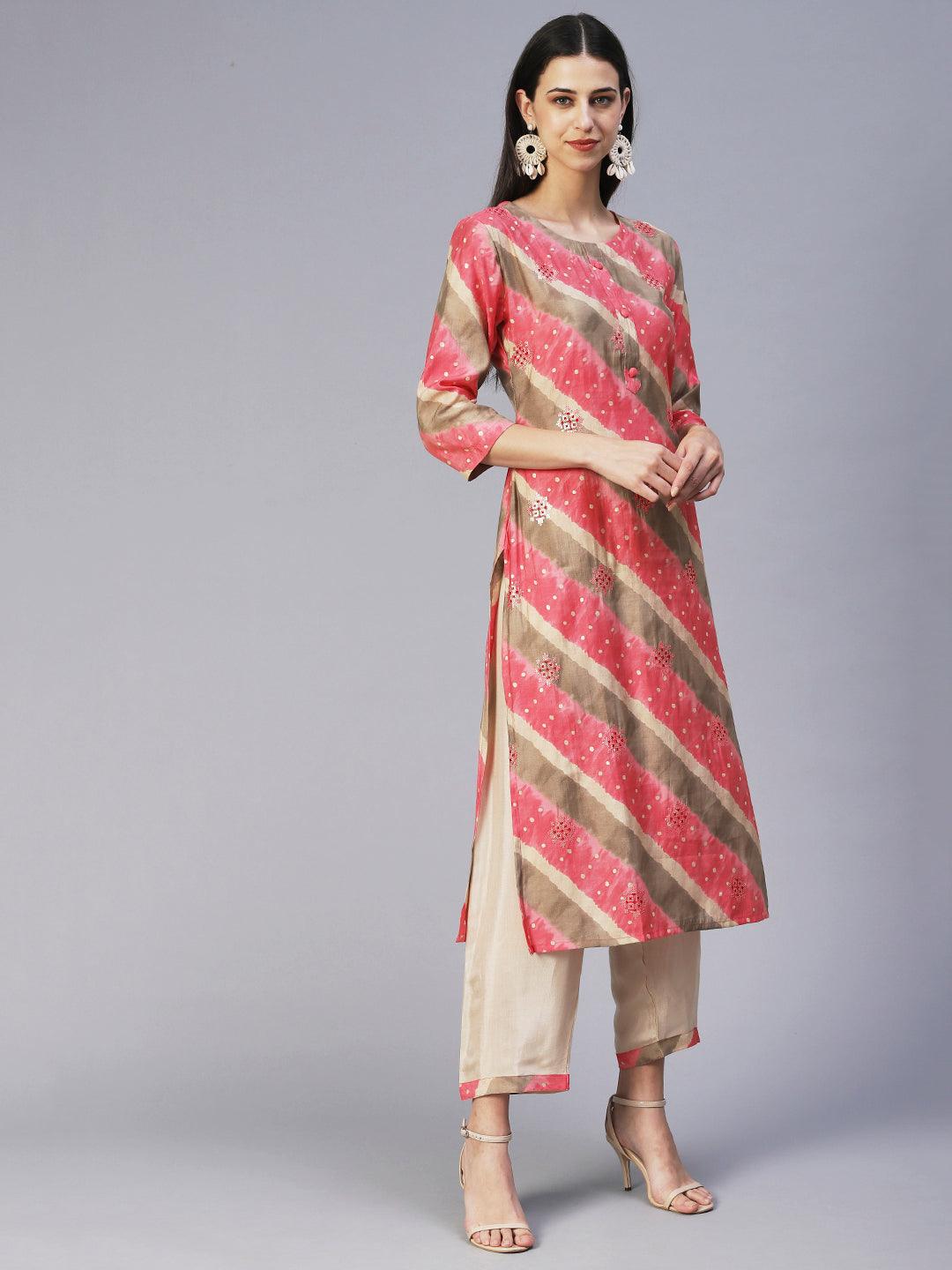 Lehriya Printed Embroidered Kurta With Pants & Dupatta - Pink - Indiakreations