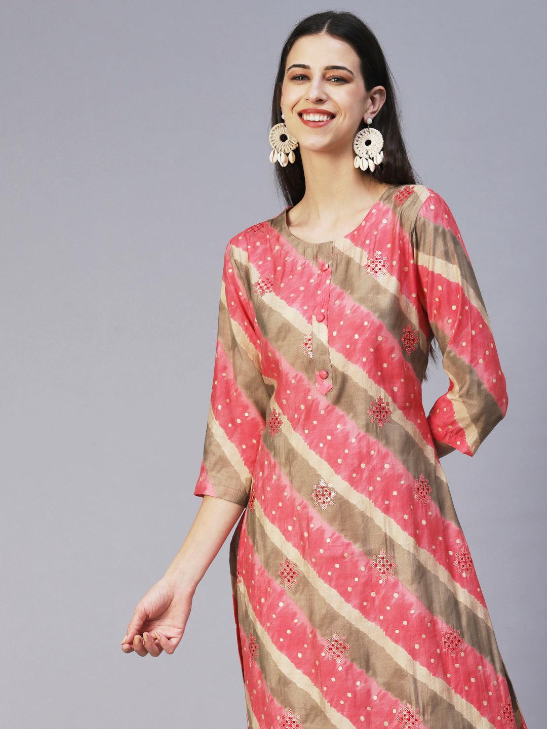 Lehriya Printed Embroidered Kurta With Pants & Dupatta - Pink - Indiakreations