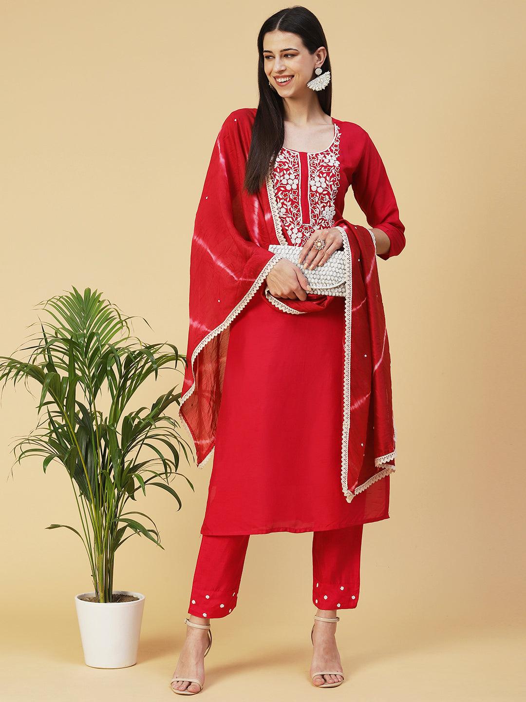 Solid Resham Embroidered Kurta With Pants & Beaded Dupatta - Red - Indiakreations