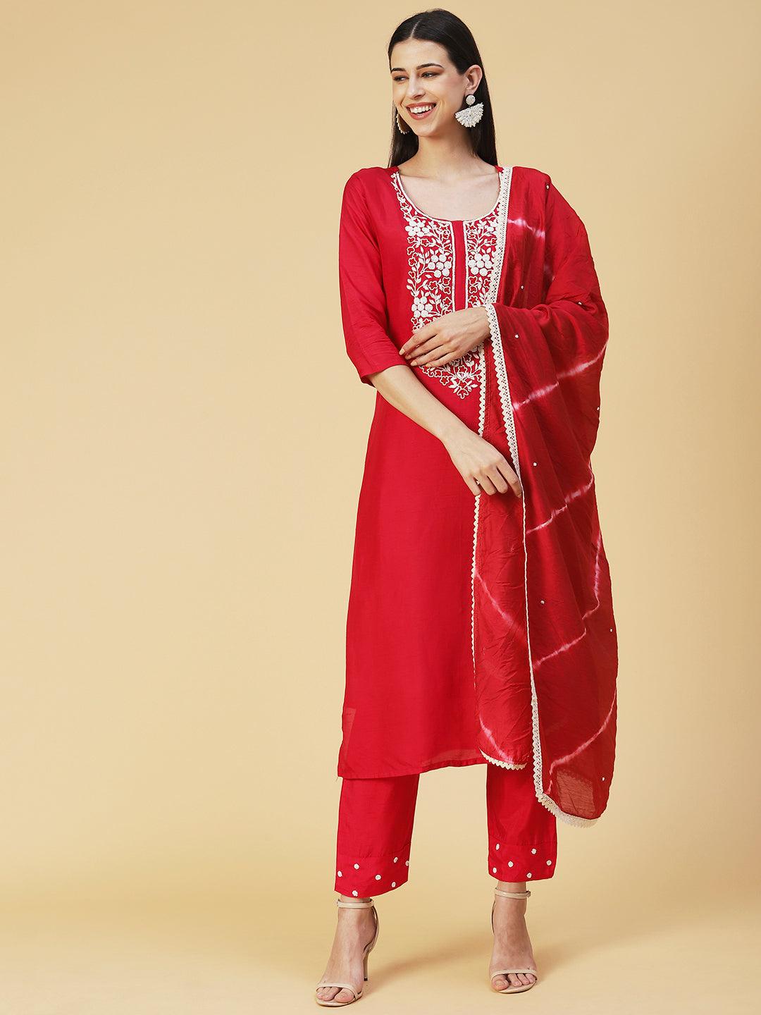 Solid Resham Embroidered Kurta With Pants & Beaded Dupatta - Red - Indiakreations