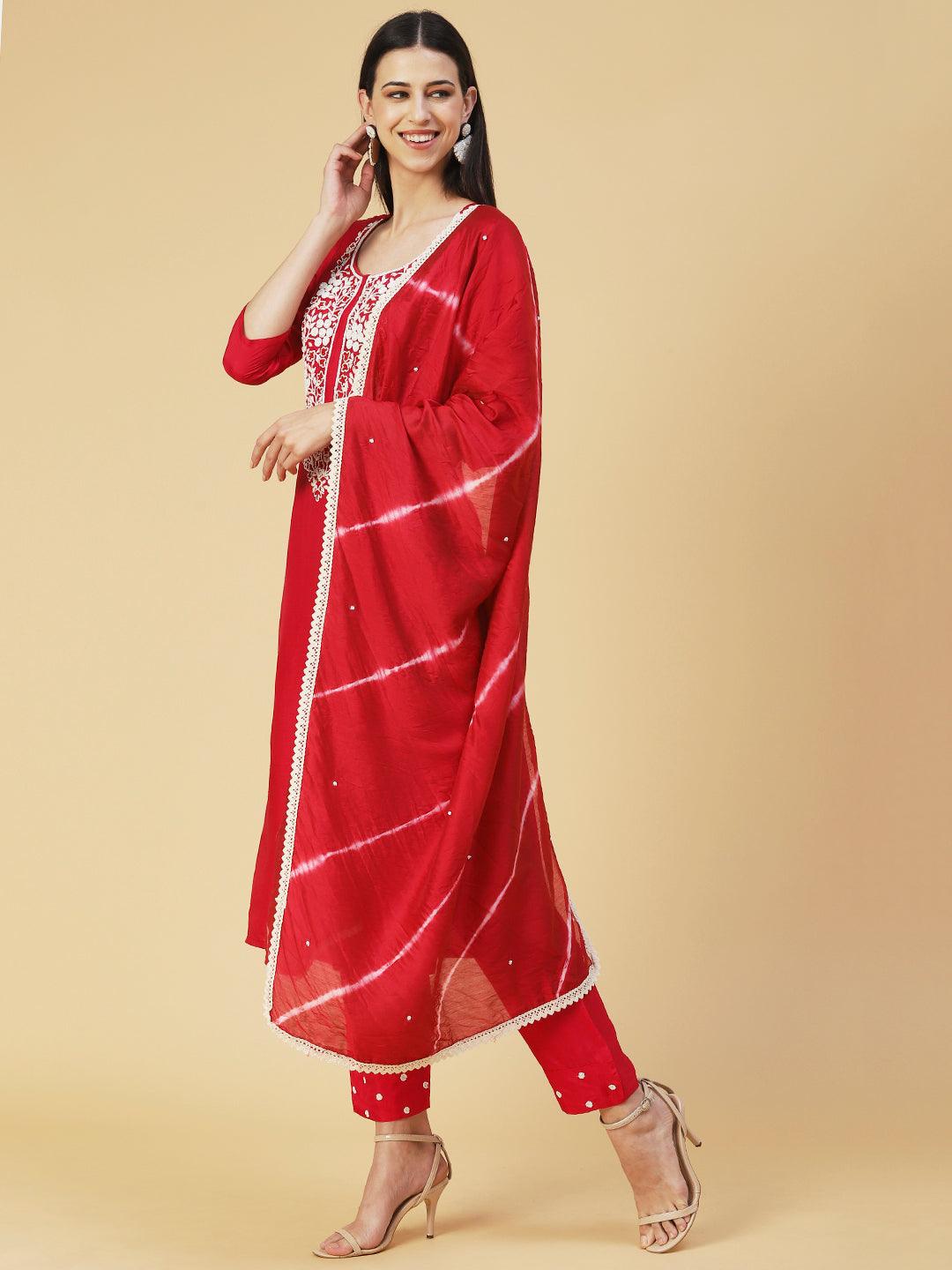 Solid Resham Embroidered Kurta With Pants & Beaded Dupatta - Red - Indiakreations